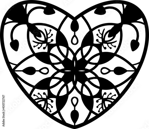 Heart vector mandala. Paper or laser cut template. Valentine card, wedding invitation. For names, your text. Decorative symbol of the holiday. Plotter cutting, T-shirt printing, carving.