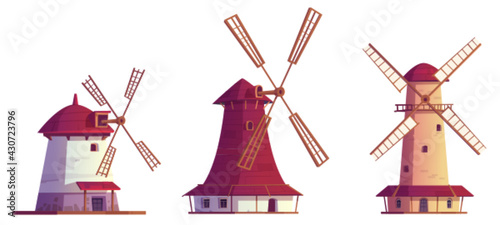 Cartoon windmills antique buildings. Traditional wind mills for flour grinding, rural structure with vanes propeller. Millstones for grain or bread processing. vintage architecture Vector illustration