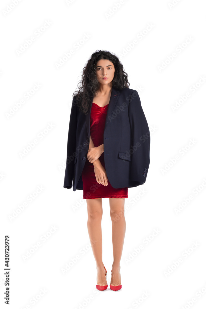 Beautiful young woman in jacket on white background Beautiful young woman in jacket on white background