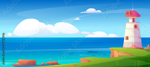 Lighthouse on sea shore, beacon building at scenery nature ocean landscape with blue water and rocky coast under cloudy sky. Nautical seafarer, marine safety sailing light, Cartoon vector illustration