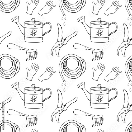 Seamless pattern with outline garden equipments: watering can, rake, hoe, gloves, pruner, hose for irrigation. Vector backgrounds and textures with tools gardening in doodle style