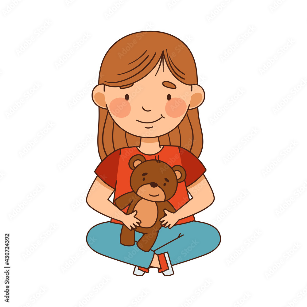 Smiling Little Girl in Kindergarden Sitting on the Floor and Playing with Teddy Bear Vector Illustration Smiling Little Girl in Kindergarden Sitting on the Floor and Playing with Teddy Bear Vector Illustration