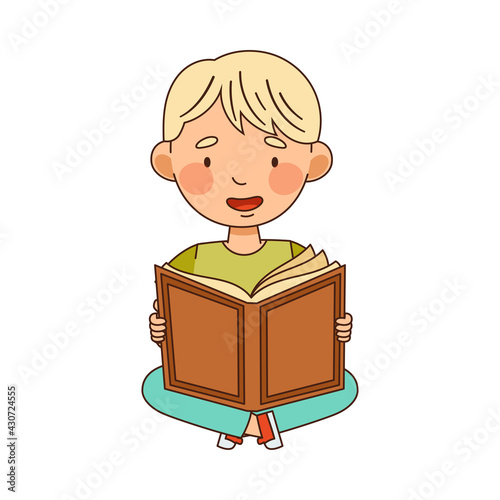 Blond Little Boy in Kindergarden Sitting on the Floor and Reading Book Vector Illustration