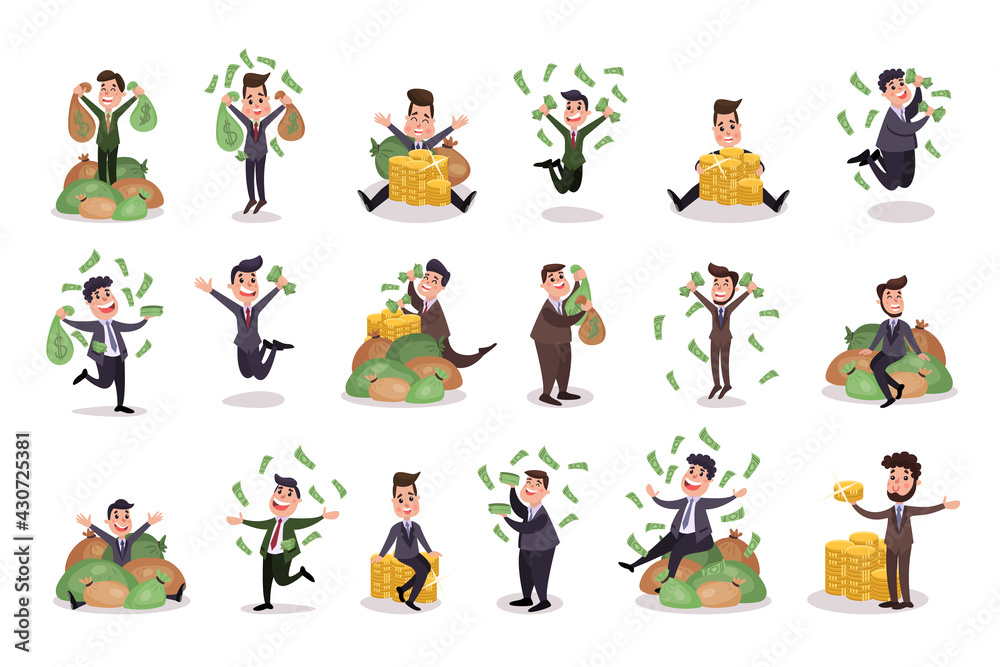 Rich Businessman Character Holding Banknotes and Jumping with Joy Vector Illustration Set