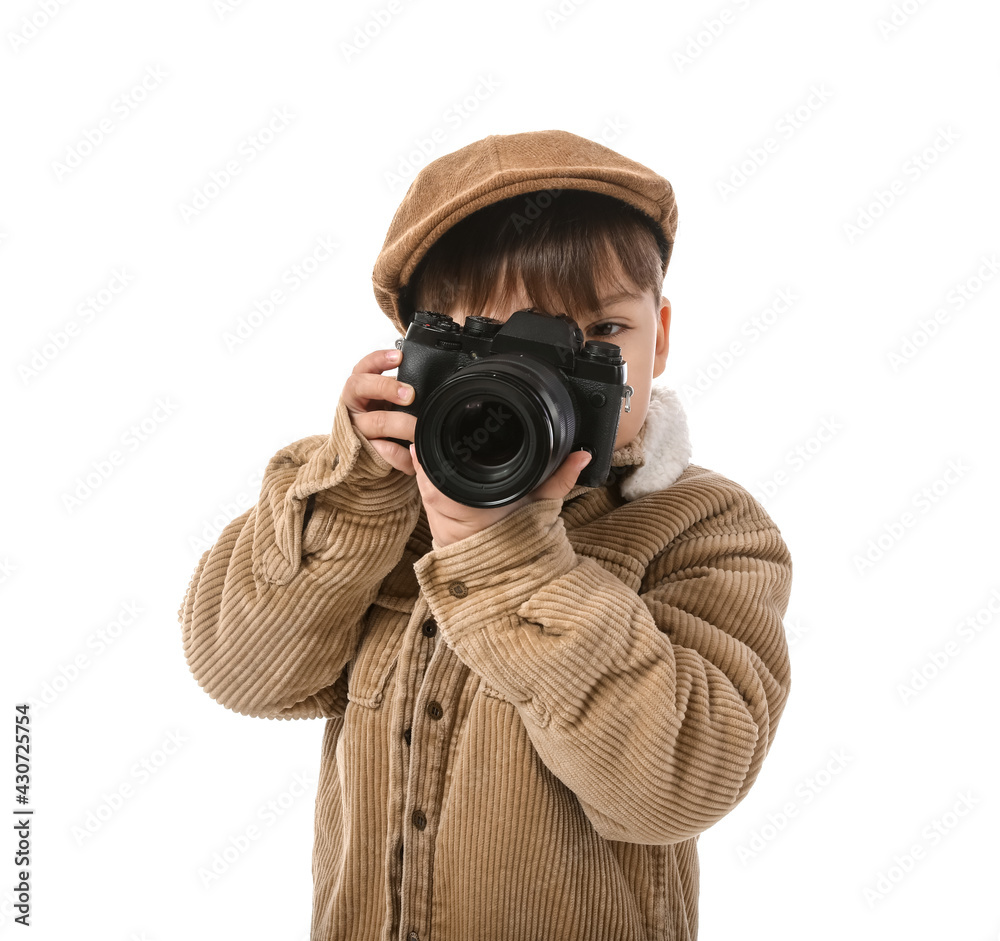 Cute little photographer on white background Cute little photographer on white background