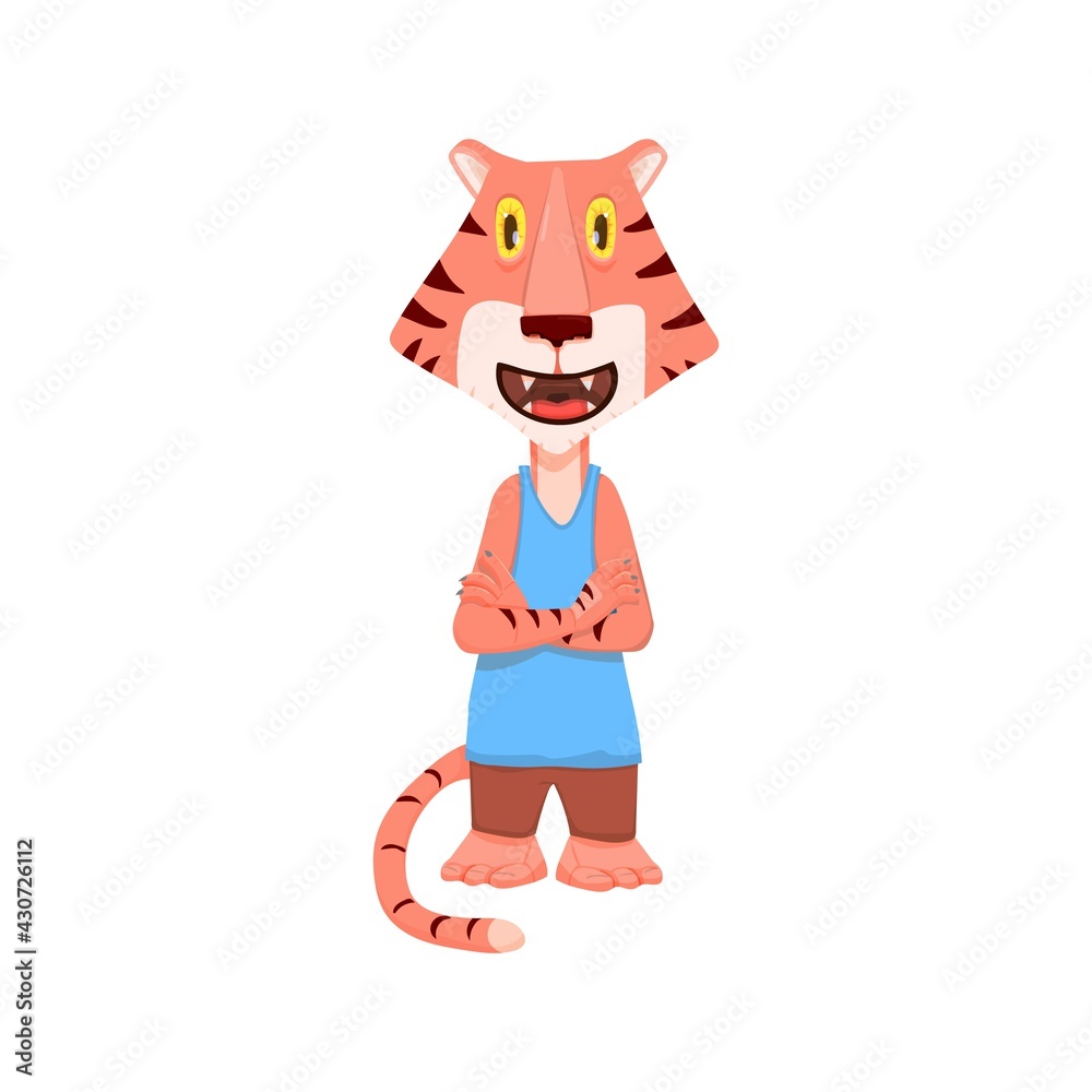 Comic tiger in clothes cartoon character flat style, mascot for the year of the tiger