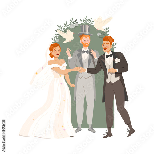 Affectionate Newlyweds Couple as Just Married Male and Female in Wedding Dress Holding Hands Near Arch Taking Wedding Vow Vector Illustration