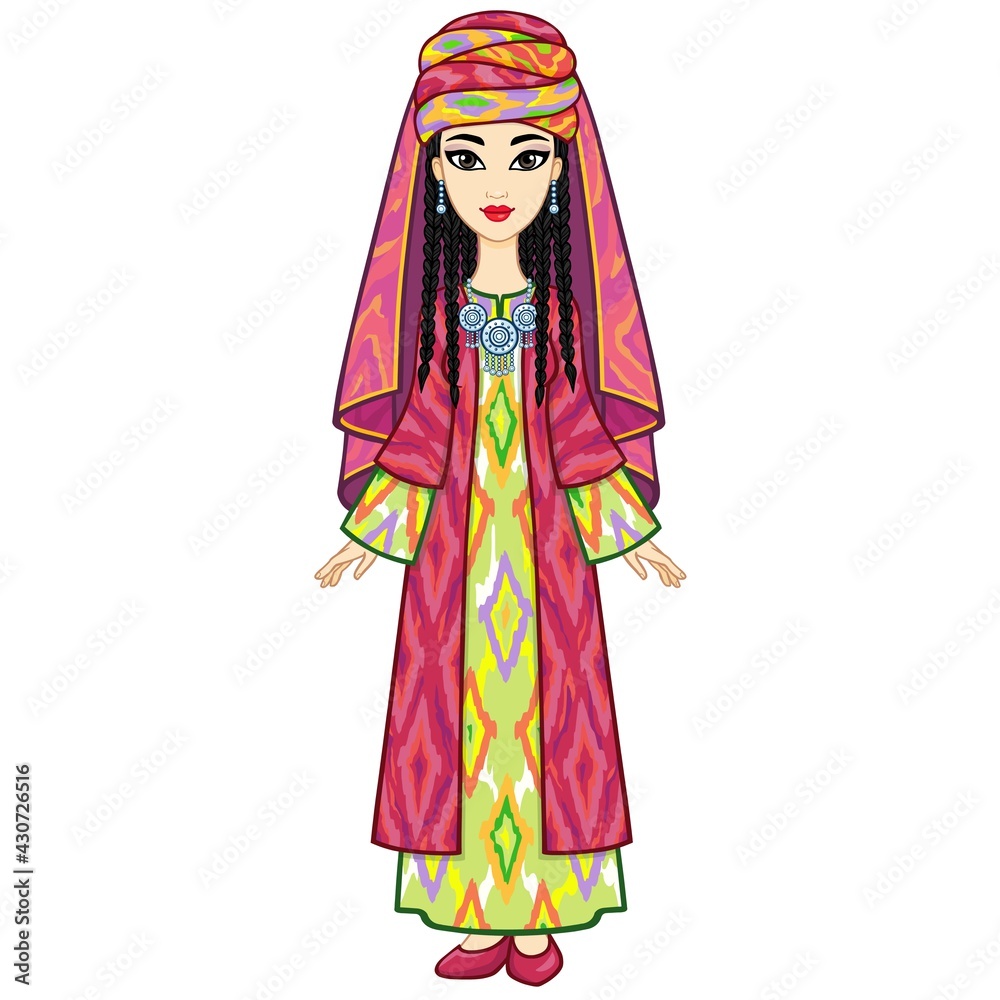 Asian beauty. Animation portrait of a beautiful girl in ancient national clothes and jewelry. Central Asia. Full growth. Vector illustration isolated. White background. 
