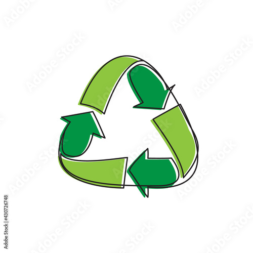 Green environment protection reusing sign image. Recycle symbol single line drawing vector illustration.