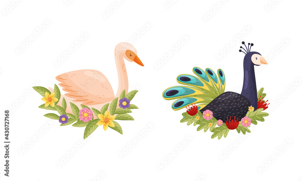 Obraz premium Perching Bird Sitting on Floral Nest with Blossoming Flowers and Leaves Vector Set