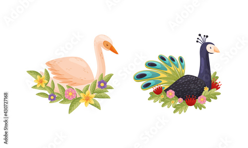 Perching Bird Sitting on Floral Nest with Blossoming Flowers and Leaves Vector Set