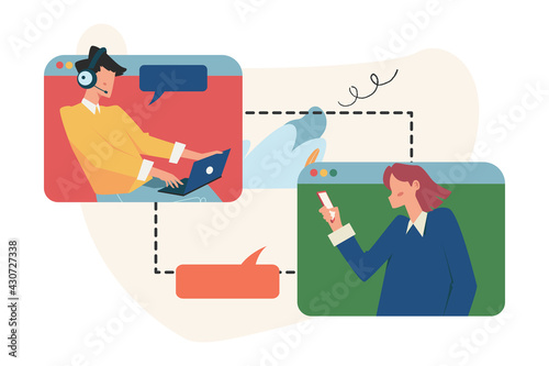 Customer service, male hotline operator advises client, online global technical support