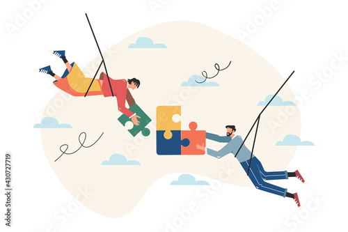 Team metaphor, people connecting puzzle elements, symbol of teamwork, cooperation
