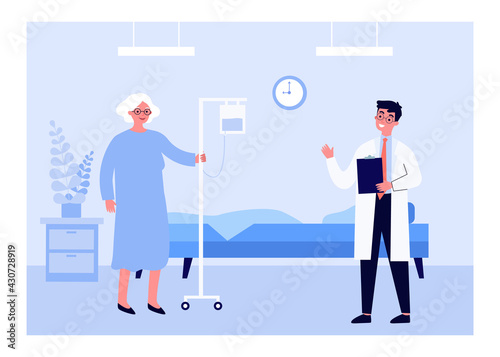 Young doctor and old woman in hospital. Flat vector illustration. Medical worker visiting patient, giving recommendations, doing medical inspection. Medical help, health, treatment, hospital concept