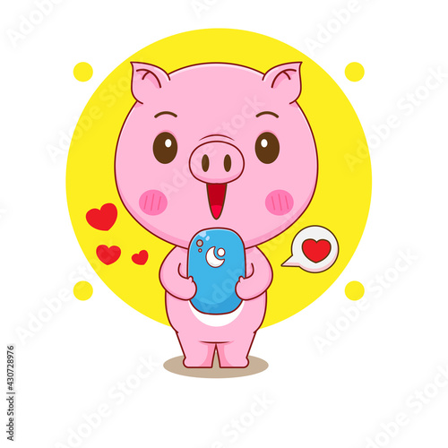Cute pig character playing with smartphone