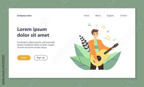 Happy guy playing guitar. Singer, musician, rocker flat vector illustration. Music, talent show, performance concert concept for banner, website design or landing web page
