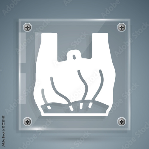 White Say no to plastic bags poster icon isolated on grey background. Disposable cellophane and polythene package prohibition sign. Square glass panels. Vector