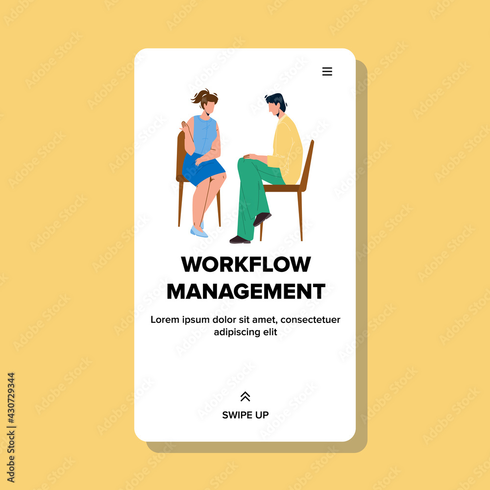 Workflow Management And Planning Process Vector. Workflow Management Ceo With Employee, Woman Discussing With Man About Work And Strategy. Characters Occupation Web Flat Cartoon Illustration