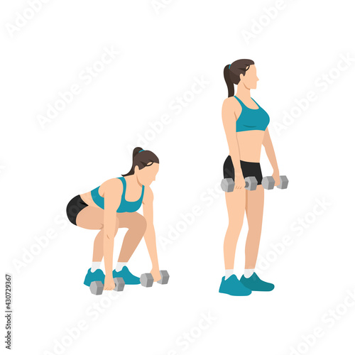 Woman doing dumbbell deadlift exercise flat vector illustration isolated on white background