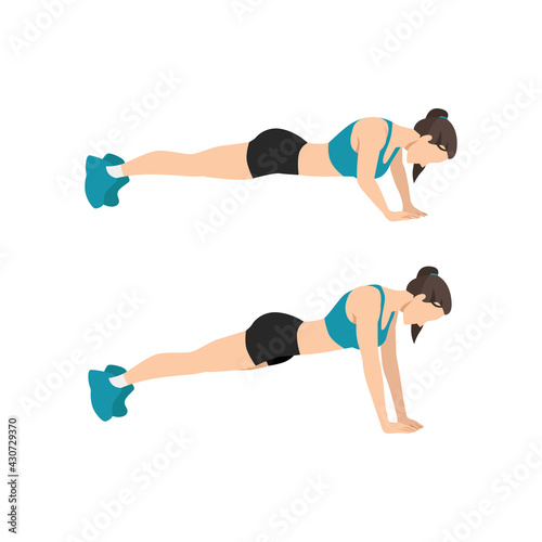 Woman doing diamond pyramid push ups exercise flat vector illustration isolated on white background