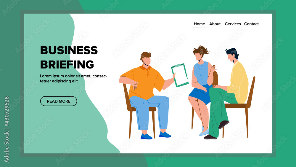 Business Briefing Communicate Colleagues Vector. Company Team Young Men And Woman Discussing Together On Business Briefing. Characters Brainstorm And Education Web Flat Cartoon Illustration