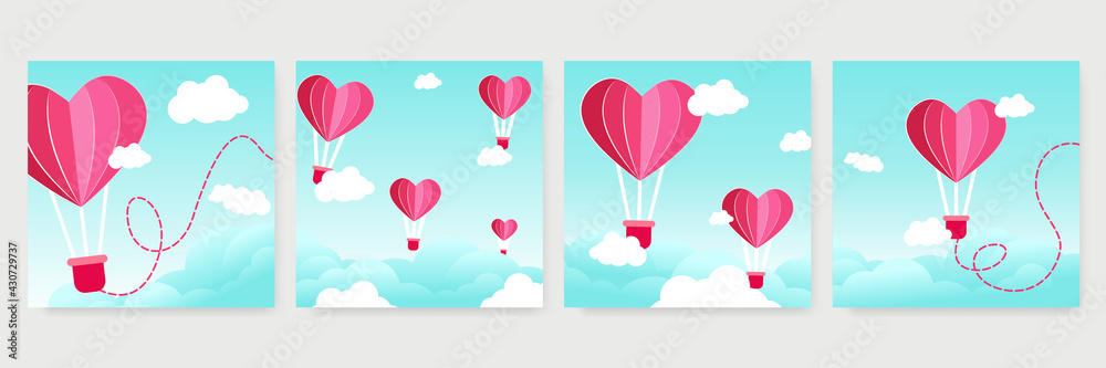 Valentine's day concept posters set. Vector illustration. 3d red and pink paper hearts with frame on geometric background. Cute love sale banners or greeting cards