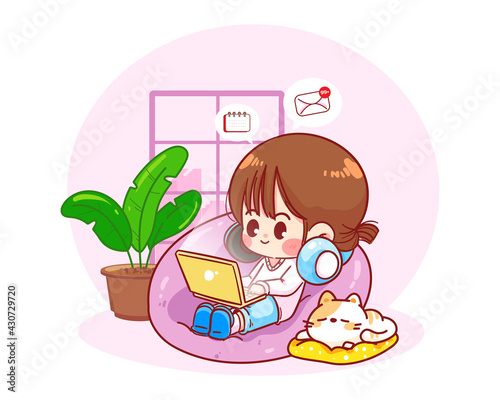 Happy woman sitting with laptop on bean bag chair, Work from home character Hand drawn cartoon art illustration