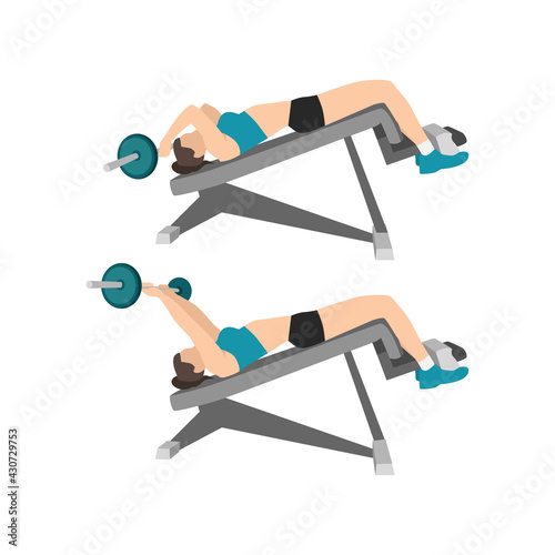 Woman doing decline lying triceps extensions. Decline skull crushers exercise flat vector illustration isolated on white background