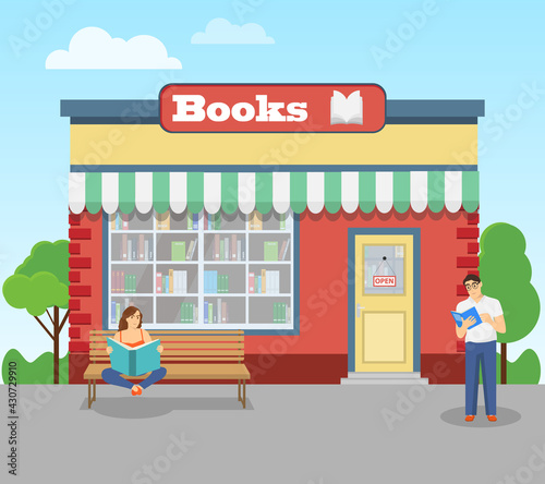 Fototapeta Naklejka Na Ścianę i Meble -  Bookstore, bookstore facade and people reading books nearby. Vector illustration.