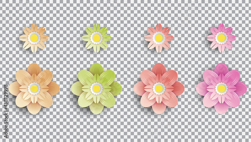 Vector paper art, summer flowers with realistic shadow on a white background with paper style. Stock image illustration