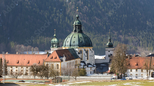 View on the church of Ettal Abbey (Kloster Ettal). Panorama format. photo