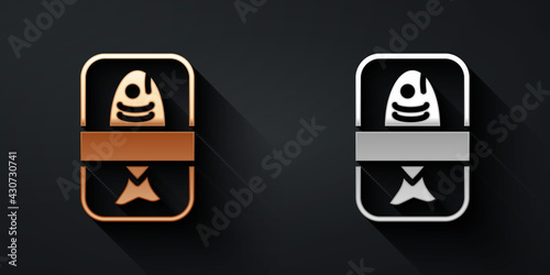 Gold and silver Fish plastic tray container with cellophane cover icon isolated on black background. Long shadow style. Vector