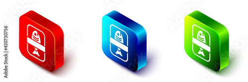 Isometric Fish plastic tray container with cellophane cover icon isolated on white background. Red, blue and green square button. Vector