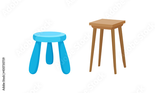 Stool as Backless Chair and Seat Furniture with Three and Four Legs Vector Set
