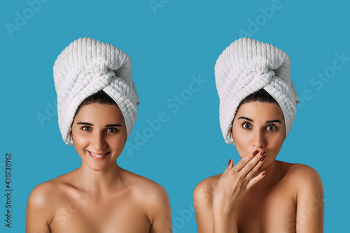 Beautiful young woman with clean fresh skin touching her own face. Facial treatment, cosmetology, spa, make up concept. Young girl with a beautiful smile on her face, clean fresh skin