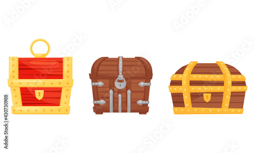 Treasure Chest with Padlock and Metal Band Vector Set