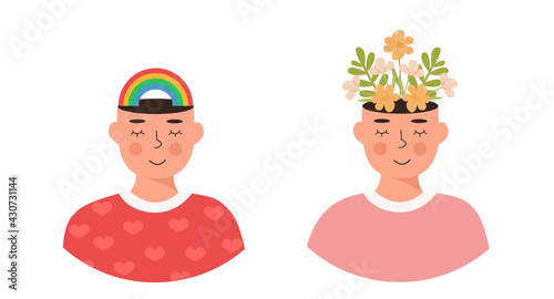 Set of people. Flowers and rainbow in head. Positive thinking, self care, spiritual healthy slow life. Falling in love. Meditation, mindfulness. Hippie. Gay. Mental health concept. Vector illustration