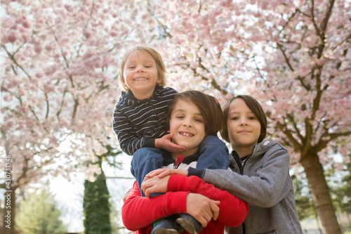 Happy children, siblings in pink blooming sacura garden, playing © Tomsickova