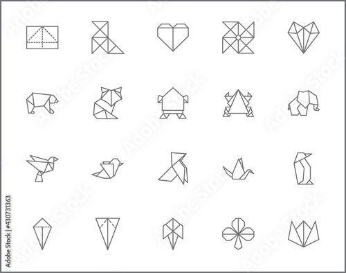 Set of origami and paper line style. It contains such Icons as bird, airplane, animal, fish, boat, folded, geometric and other elements. customize color, easy resize.