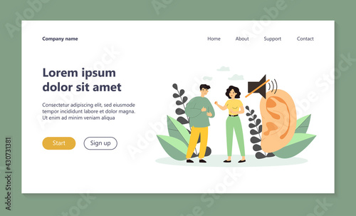 Deaf people talking with gestures flat vector illustration. Cartoon handicapped characters near large ear symbol. Sign language and hearing loss concept