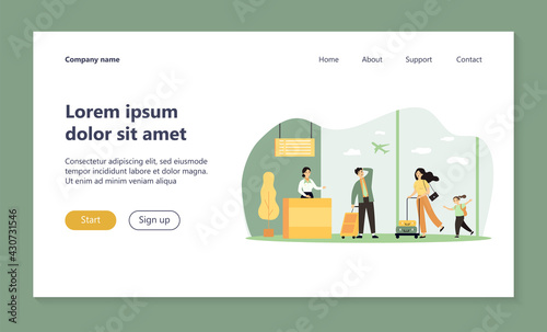 Travelers running for flight registration. Passenger, plane, airport flat vector illustration. Vacation and travel concept for banner, website design or landing web page