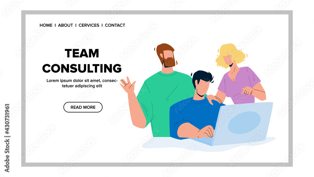 Team Consulting And Business Education Vector. Online Tea Consulting And E-learning, Men And Woman Watching Webinar On Laptop Together. Characters Teamwork Web Flat Cartoon Illustration Team Consulting And Business Education Vector. Online Tea Consulting And E-learning, Men And Woman Watching Webinar On Laptop Together. Characters Teamwork Web Flat Cartoon Illustration
