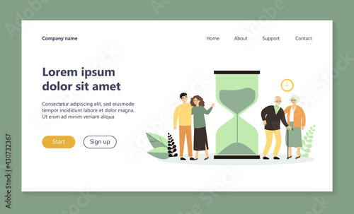 Time of young and senior people. Couples standing near hourglass flat vector illustration. Age, lifespan, generation concept for banner, website design or landing web page
