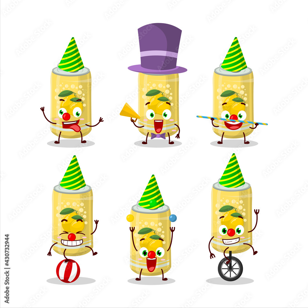 Cartoon character of lemon soda can with various circus shows Cartoon character of lemon soda can with various circus shows