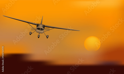 Light aircraft with propeller on sunset, 3d vector illustration