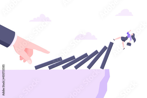 Domino effect or business crisis metaphor vector illustration concept. Adult young businesswoman falls down from hand falling domino line business concept problem solving and danger chain reaction.