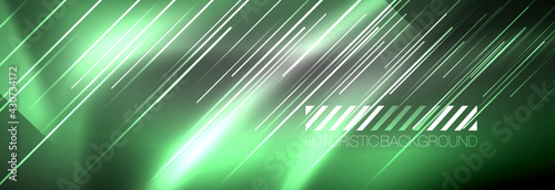 Neon glowing lines, magic energy and light motion background. Vector wallpaper template