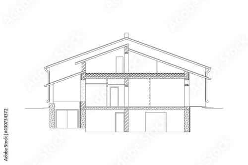 Architectural modern background. Cross-section suburban house. Vector blueprint.