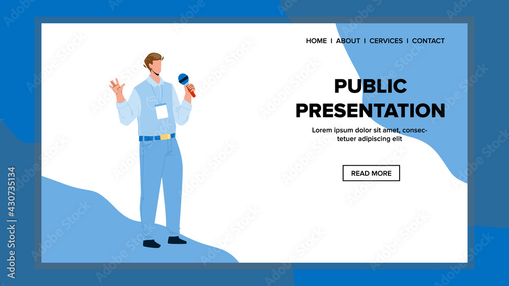 Public Presentation Talk Man For Audience Vector. Public Presentation Talking Young Businessman Speaker On Business Meeting. Character On Conference Or Seminar Web Flat Cartoon Illustration Public Presentation Talk Man For Audience Vector. Public Presentation Talking Young Businessman Speaker On Business Meeting. Character On Conference Or Seminar Web Flat Cartoon Illustration