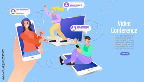A team collaborates in a dynamic video conference, connecting via laptops and mobile smartphones. This illustrates remote work, cross-platform communication, a flexible online meeting for business.